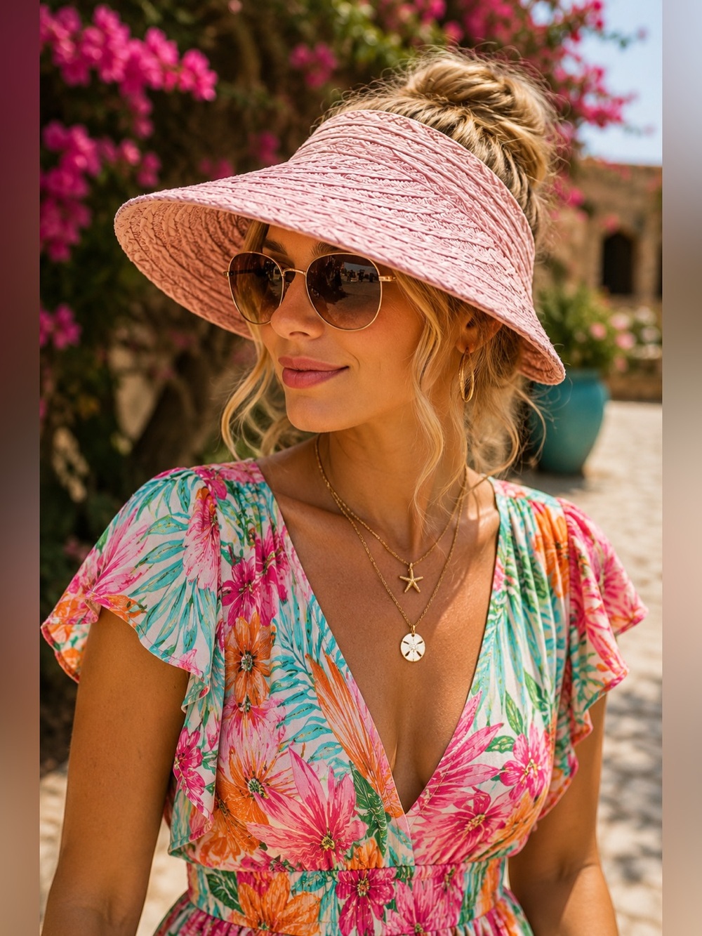 New Day Pink Woven Sun Visor Hat Adjustable Velcro Closure Beach Resort Travel